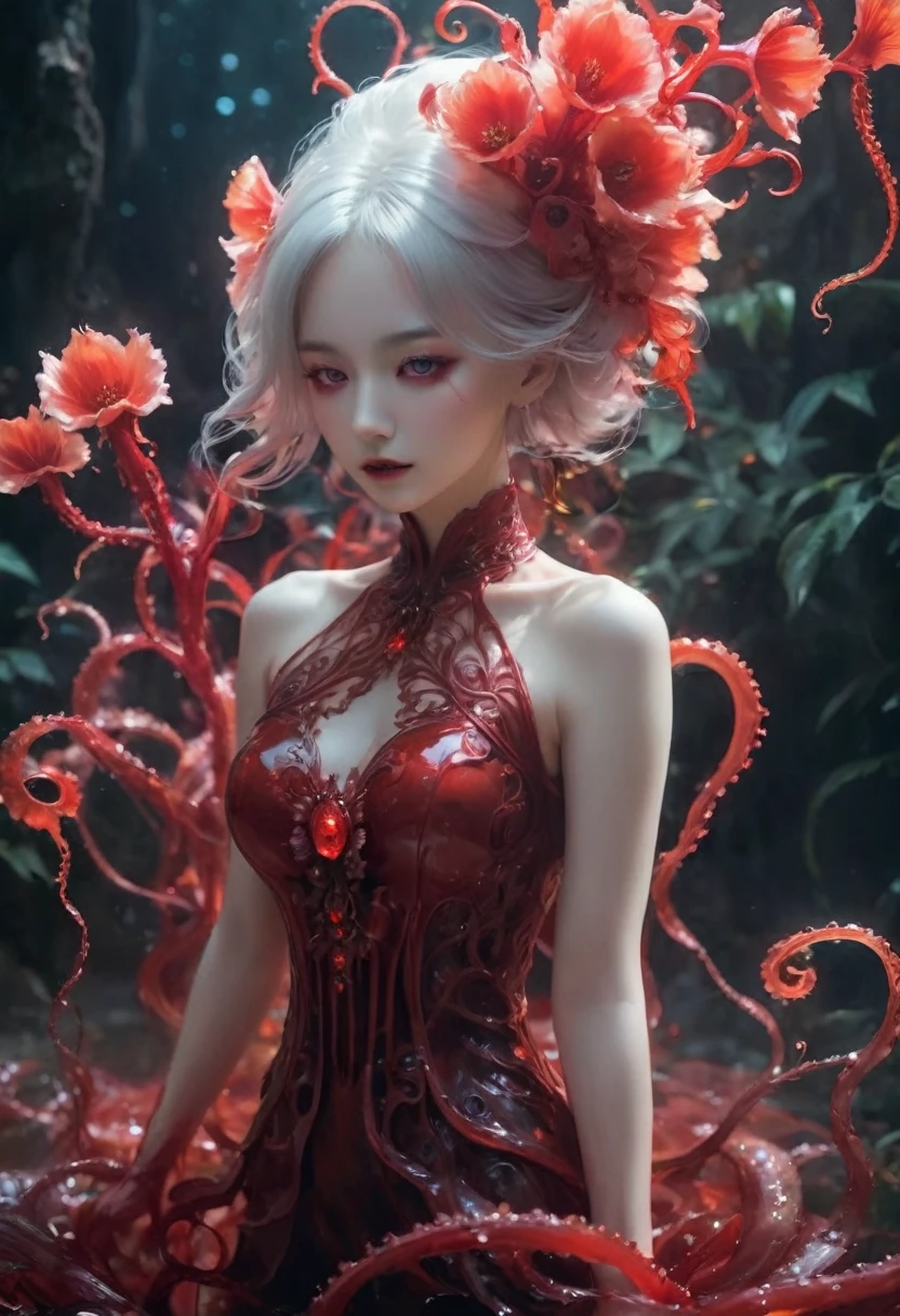 Magic plantloody ghost flower from the abyss, Ghost Flower,Blood-red tentacles stare at the dead,Enchantment,uncanny,terror