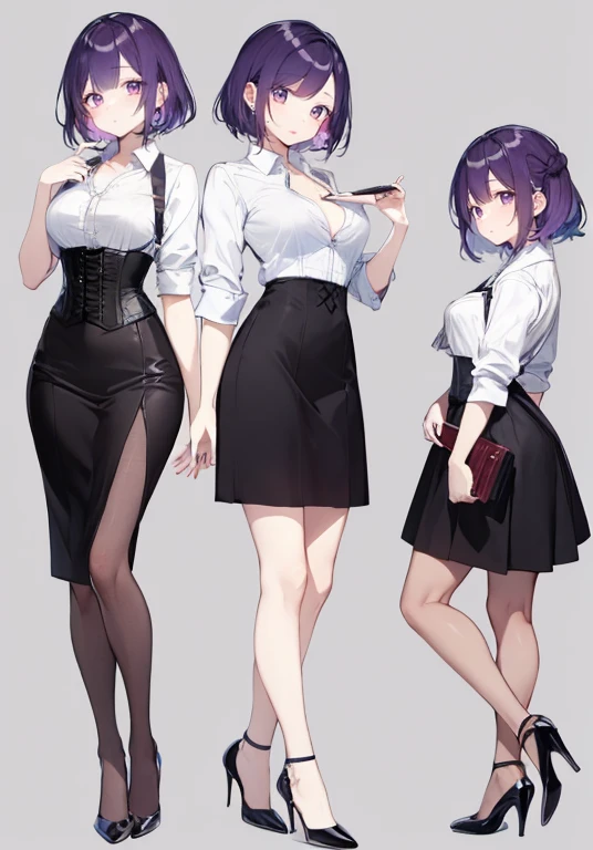 Purple hair,short hair, female,(bartender),((Roll up your shirt sleeves)),(Rolling up the sleeves of his shirt),(corset),(skirt),(High heels),((Simple Background)),smile,((whole body)),((full body)),Character Sheet,