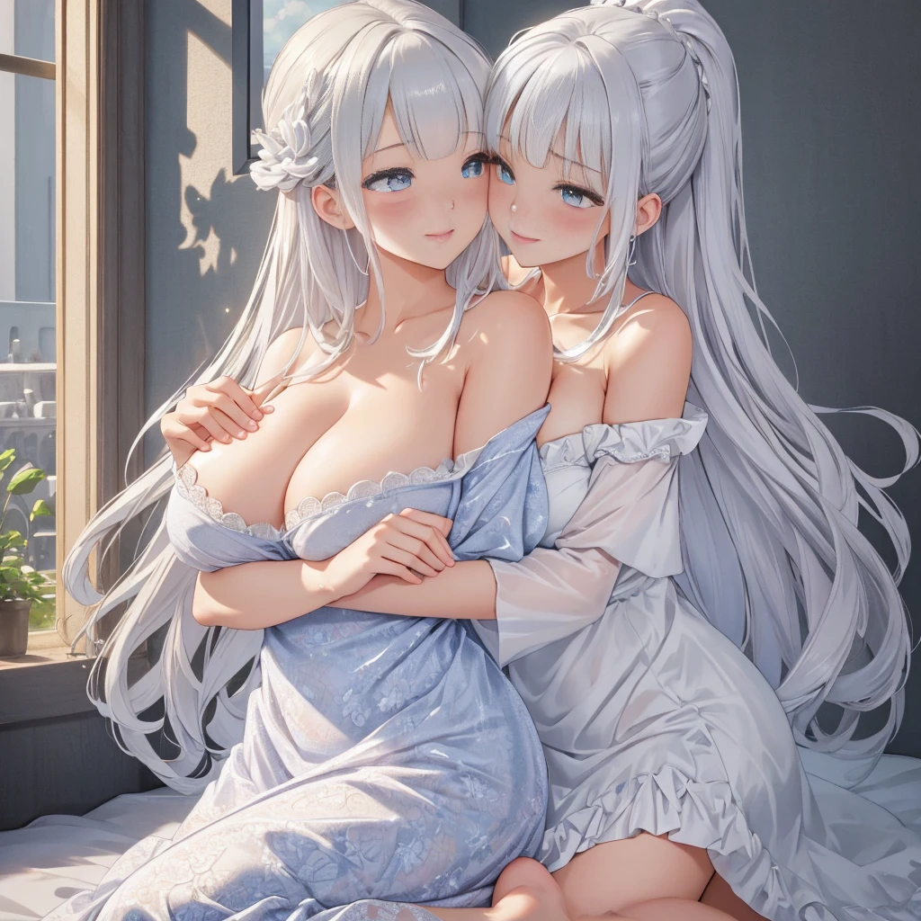 masterpiece, best quality, ultra detailed, highres, extremely detailed CG unity 8k wallpaper, perfect lighting、beautiful and aesthetic,sharp focus, perfect face, Perfect hands、Perfect Fingers、Perfect toes、Five fingers、、highest quality、Woman 1
white Hair、Blunt bangs、blue eyes、Sparkling eyes、extremely big eyes、smile、blush、negligee、Face close-up、Off the shoulder、(Large Breasts:1.3)、(Hide your arms behind your back:1.3)、(yuri:1.2)、to kiss