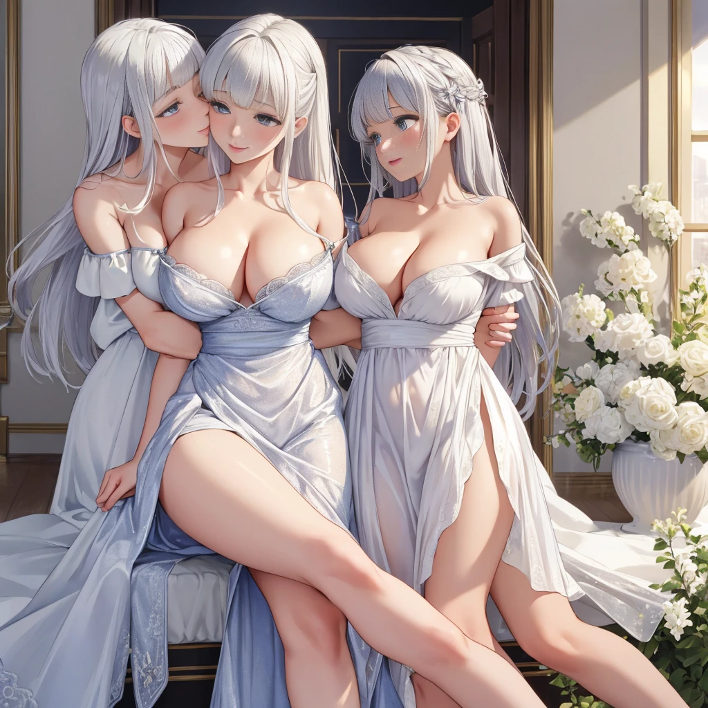 masterpiece, best quality, ultra detailed, highres, extremely detailed CG unity 8k wallpaper, perfect lighting、beautiful and aesthetic,sharp focus, perfect face, Perfect hands、Perfect Fingers、Perfect toes、Five fingers、、highest quality、Woman 1
white Hair、Blunt bangs、blue eyes、Sparkling eyes、extremely big eyes、smile、blush、negligee、Face close-up、Off the shoulder、(Large Breasts:1.3)、(Hide your arms behind your back:1.3)、(yuri:1.2)、to kiss