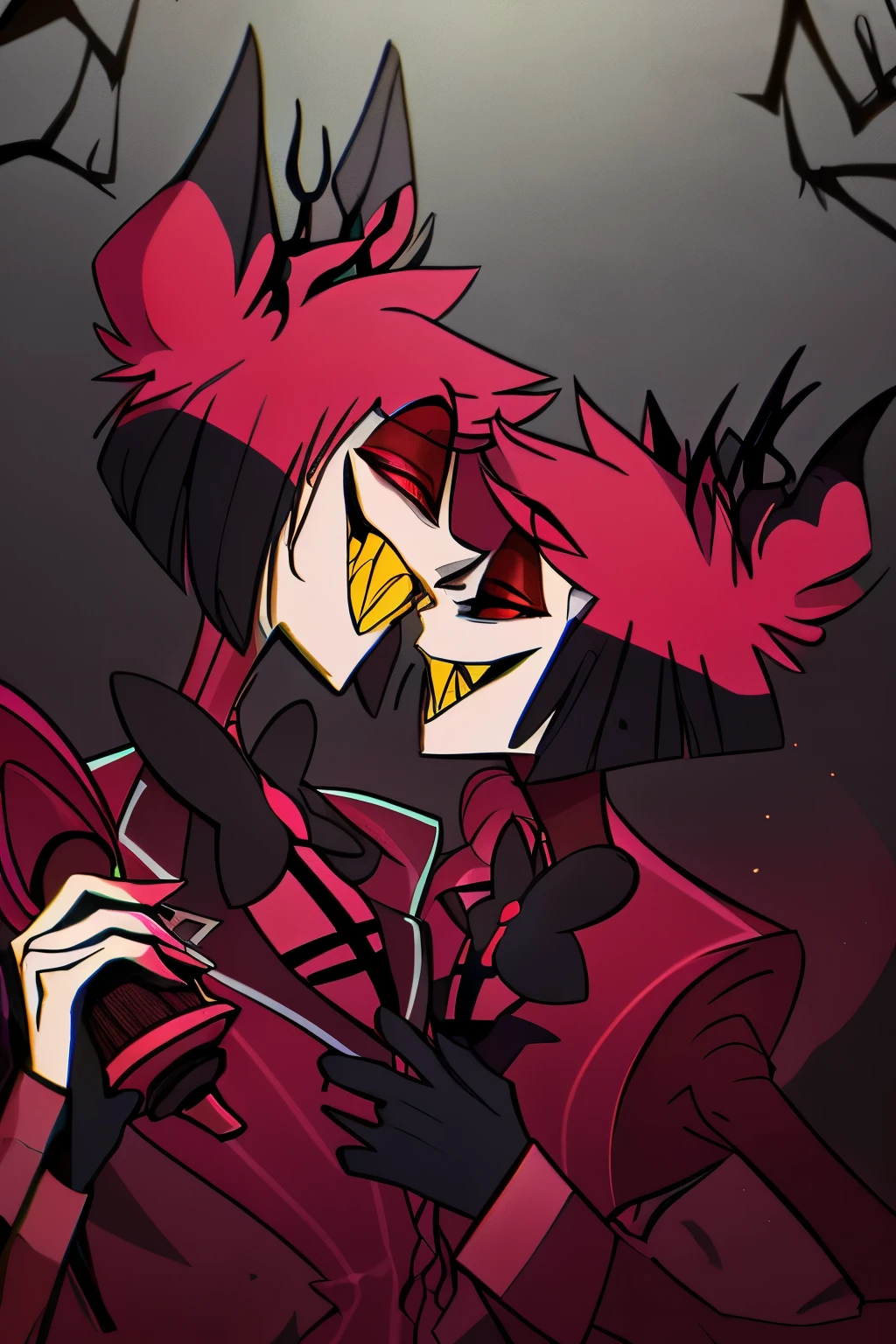 Alastor from hazbin hotel intimidating and seducing a long haired girl in front of him, holding a rose in his hand as a gift to the girl. Romantic gesture.
view is low looking up at the characters, full body drawing, full body, cartoon anime style, horror, scary, attractive, (best quality,4k,8k,highres,ultra-detailed,horror,anime,professionally lit, , ((SCARLET EYES)), ((red eyes),bowtie, jacket, monocle, microphone, suit, animal ears, sharp teeth, red eyes, teeth, bow, smile, looking at viewer, slit pupils, red hair, grin, multicolored hair, red sclera, holding microphone, vibrant colors, sharp focus, detailed facial features, wicked smile, piercing red eyes, slicked-back black hair, formal attire, top hat, radio microphone, vintage aesthetic, eerie lighting, ominous atmosphere, haunting presence all, lean figure with deer-like antlers on his head, boasting pale white skin, sharp teeth, and striking red eyes. vintage 1930s style attire, black suit with white pinstripes and a stylish red bow tie, complemented by a black top hat adorned with a distinctive red band, embodying the essence of a classic radio host from the early 20th century, which perfectly matches his charismatic and charming demeanor in the series. Full body drawing, head to toe, full character, rose. Romantic gesture, two Characters, romance, seducing, seductive, kiss,