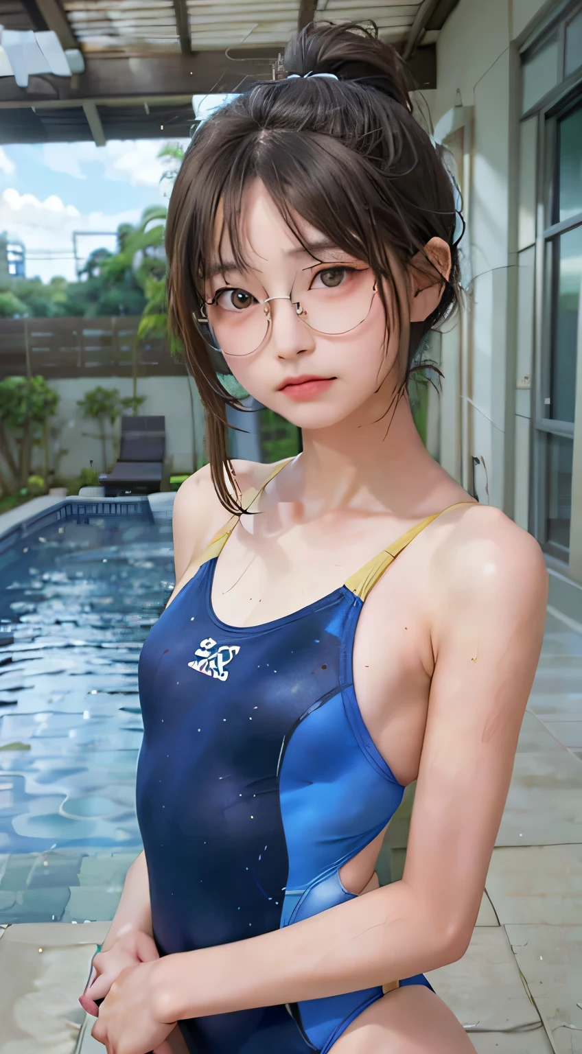 highest quality, RAW Photos, Realistic, face, Incredibly beautiful girl, cute, Long Hair,ponytail,Glasses,Written boundary depth, High resolution, Super detailed, detailed, Very detaileded, extremely detaileded eye and face, Sharp pupils, Realistic students, Sharp focus, Cinema Lighting, Japanese, Short women, Physical build, Short arms, Long, narrow eyes, Fleeting atmosphere, 30 years old, Brown bob hair, ((thin lips)), White top and bottom underwear, Masterpiece, highest quality, Detailed skin, Detailed face, Fine grain, 8k, Excellent anatomy, Upper body portrait,flat breasts, small breasts, small,( small bust: 1.2), small bust, (slim, small, flat, small), thin, Delicate and sexy collarbone, One Girl, (Beautiful girl, Delicate girl:1.3), (:1.3),
break, (One piece swimsuit, Swimsuit:1.2),
break, (Pool:1.3),
break, Very beautiful eyes, (Symmetrical eyes:1.3),
break, , Brown eyes, Parted bangs, Brown Hair, (Upper teeth, The best smile:0.2),
break, (Eyes and face detail:1.0),
break, (masterpiece, highest quality, Super detailed, Detailed face, 8k)
