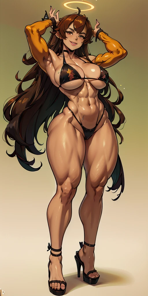 (Green screen background) Eris Boreas Greyrat cuerpo completo de pie con dos muslos largos y Tacones altos, ojos grandes, cabello ROJO vivo LARGO desordenado, Bikini amarillo, Tacones altos, manos cubren ombligo, boca cerrada sonriente (rubor rojo) brazales dorados sin mangas, gargantilla negra