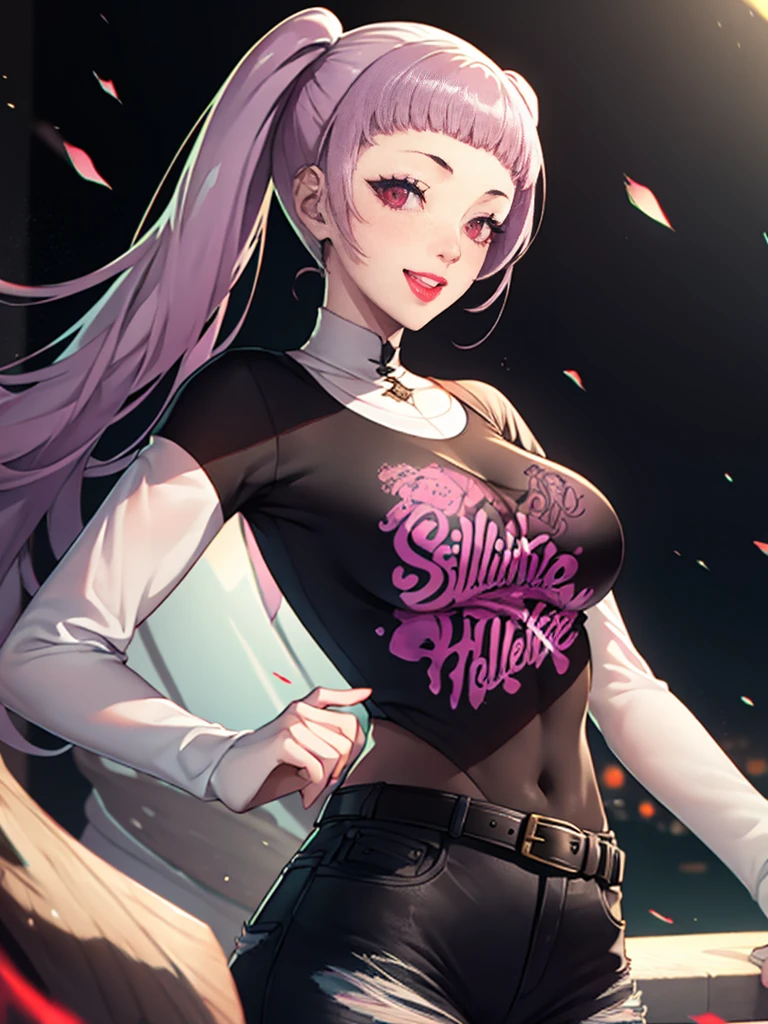 hilda valentine goneril ,smile, twintails, 1girl, solo, standing, black t-shirt, white shirt, jeans, belt, lipstick, large breasts