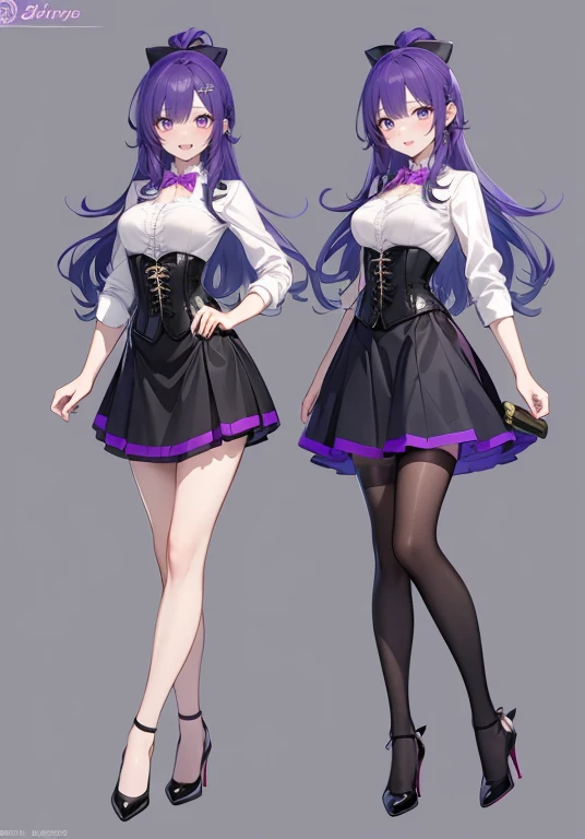 Purple hair,long hair,Adult female,(Bartender),((Rolling up your sleeves shirt)),(Corset),(Tight skirt),(high heels),((Simple background)),Smile,((Full body)),((whole body)),Character Sheet,