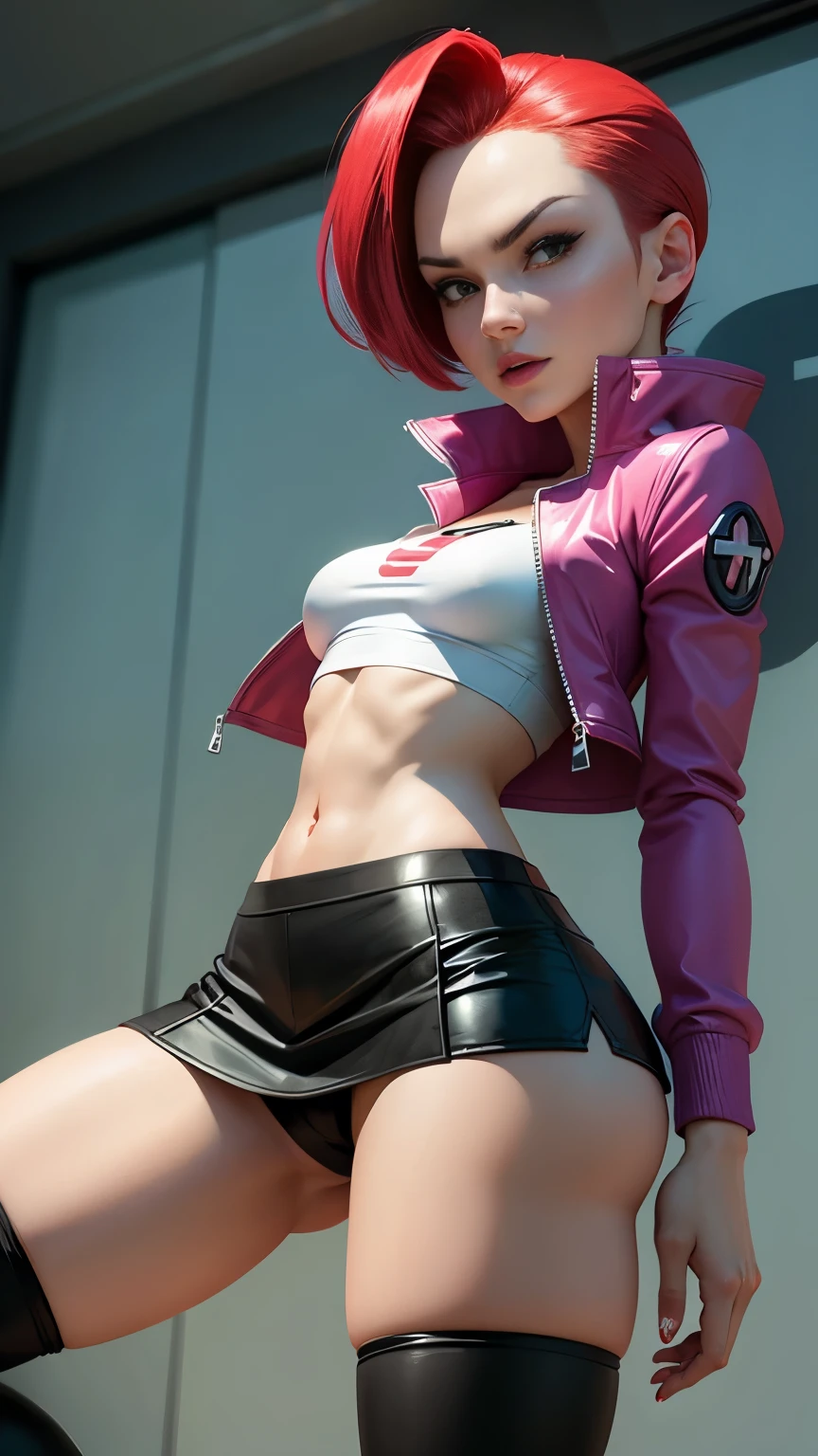 Jessie from pokemon team rocket,  short tight skirt, short open jacket, crop top, v-string