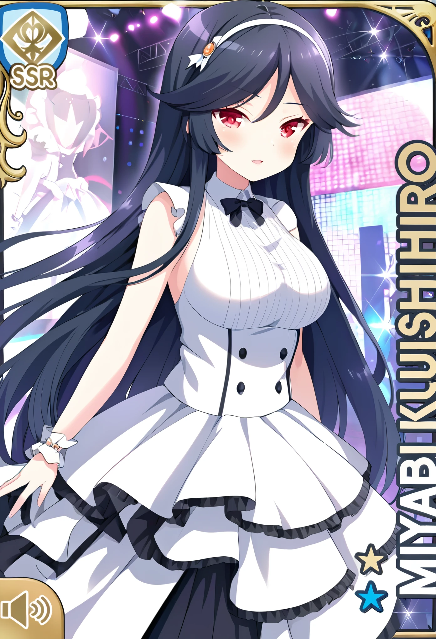 black hair, white hairband, very long hair, red eyes　Live Stage, Big Breasts, formal dress　alone