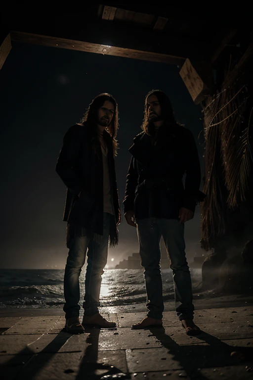 2 hombres pescadores sucios y sudorosos, cabello despeinado, abrigos, cielo oscuro, madrugada, barca de madera, asesinato, fog and cold, cuchillo, sangre, venganza