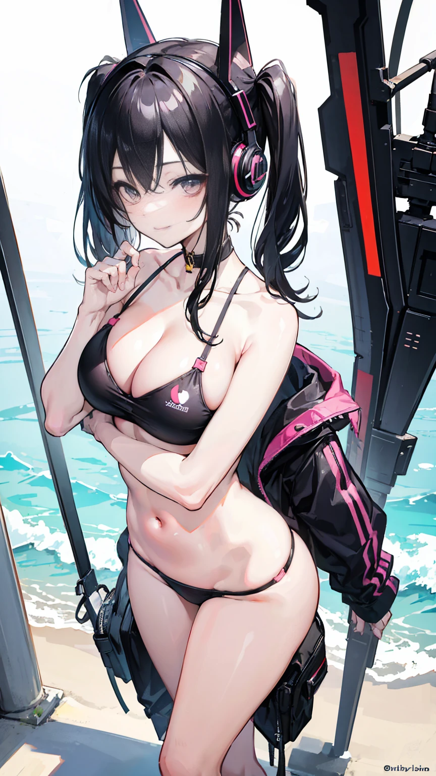 masterpiece,anime style,chibi,sexy girl,black hair,shoulder length hair with two pigtails,bikini,with headphones,smiling,big breasts,waiting on the right side of the image,showing cleavage,full body,standing,nude,