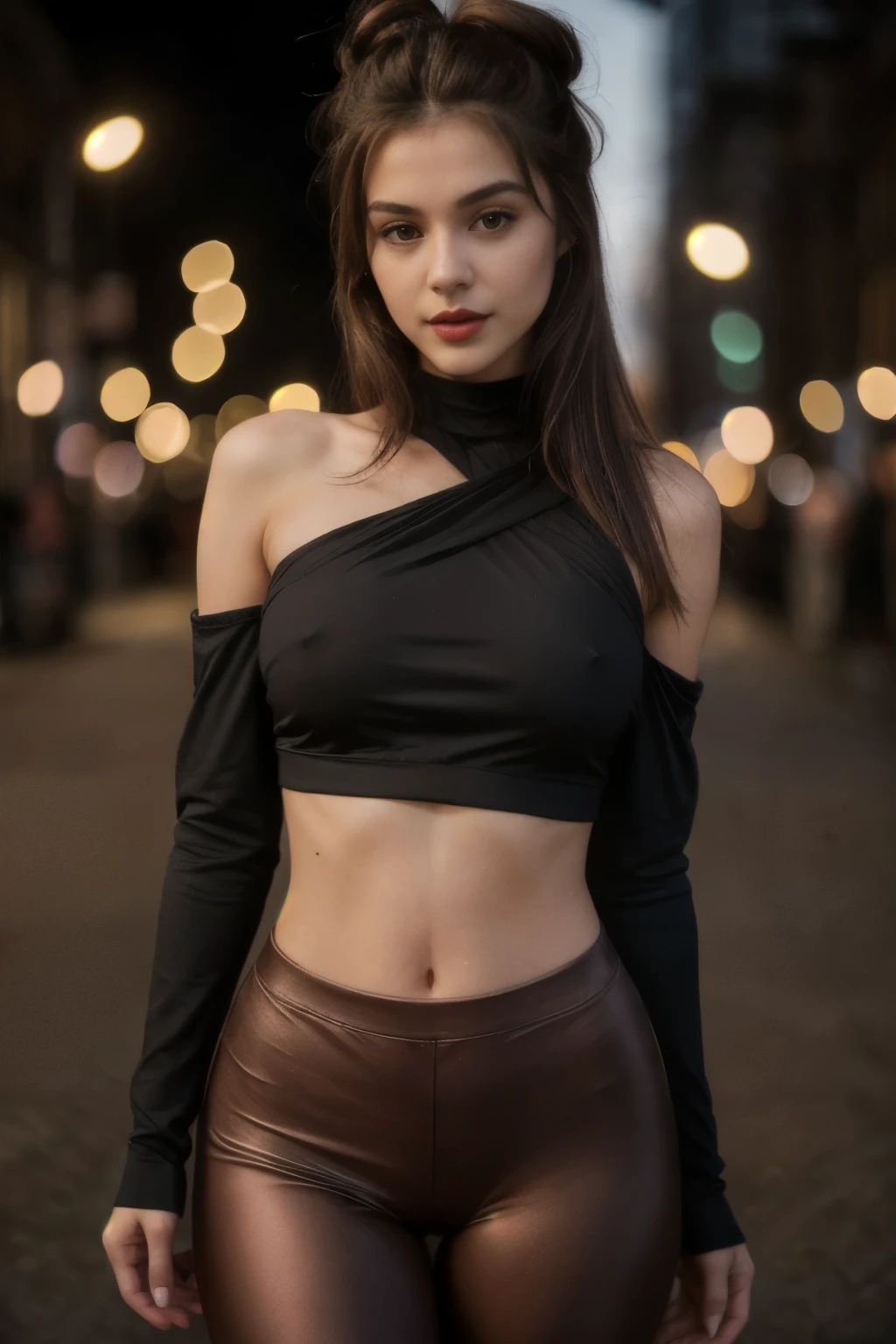 A half body photo of a skinny girl 20 y.o., NSFW, flashing, (boobs:1.1),
Pilates pants and fitted long-sleeve top, Dame, Short, Narrow Hips, Square Face, Dark Skin, Chestnut Hair, dark brown Eyes, Straight Nose, Thick Lips, Sharp Chin, Shoulder-Length Hair, Thick Hair, Bun, full breasts, , rose gloss lipstick,
Masterpiece, hi res, 8k, award winning, RAW photo, high quality, 35mm photograph, film grain, bokeh, professional, 4k, highly detailed,