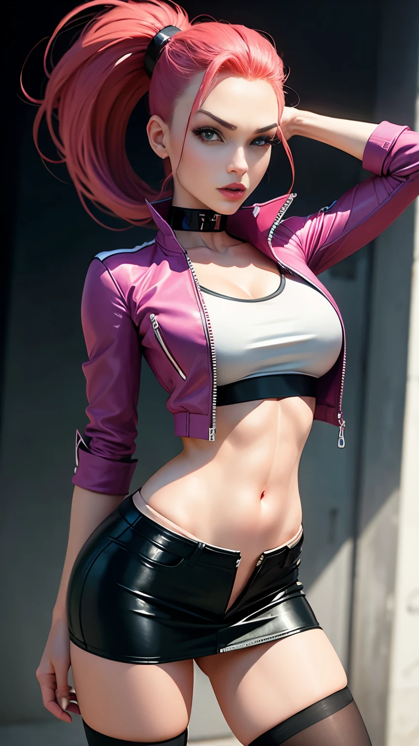 Fully nude, arafed woman in a black leather jacket and panties posing for a picture, seductive anime girl, amouranth, 2b, 2 b, better known as amouranth, seductive cyberpunk dark fantasy, female cyberpunk anime girl, black leather bra, cyberpunk anime girl, black bra, sultry body with sexy belly, anime girl cosplay, quiet from metal gear solid v