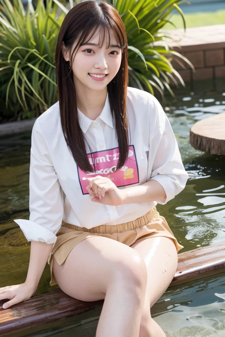 (8k), (highest quality: 1.2), (Realistic), (Realistic: 1.37), Ultra-high resolution, 1 girl, cute, smile, Mouth closed, Beautiful details, Beautiful Nose, whole body, Wet Hair, Giant Dulcefo, pork, , Thighs