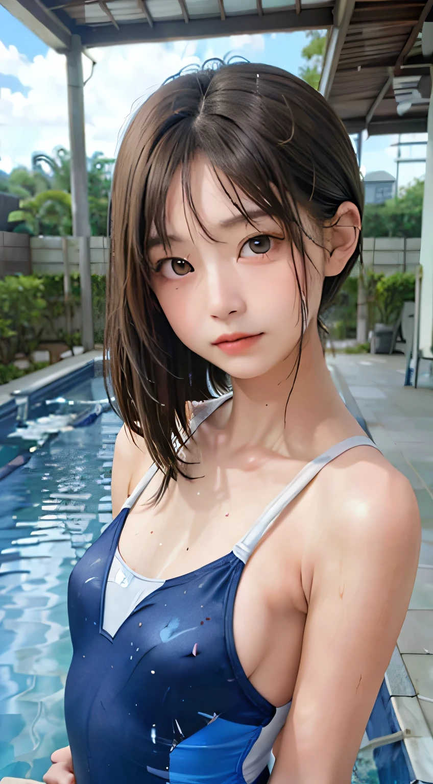 highest quality, RAW Photos, Realistic, face, Incredibly beautiful girl, cute, Long Hair,Written boundary depth, High resolution, Super detailed, detailed, Very detaileded, extremely detaileded eye and face, Sharp pupils, Realistic students, Sharp focus, Cinema Lighting, Japanese, Short women, Physical build, Short arms, Long, narrow eyes, Fleeting atmosphere, , Brown bob hair, ((thin lips)), White top and bottom underwear, Masterpiece, highest quality, Detailed skin, Detailed face, Fine grain, 8k, Excellent anatomy, Upper body portrait,flat breasts, small breasts, small,( small bust: 1.2), small bust, (slim, small, flat, small), thin, Delicate and sexy collarbone, One Girl, (Beautiful girl, Delicate girl:1.3), (15 years old, (One piece swimsuit, Swimsuit:1.2),
break, (Pool:1.3),Wet,Shiny,
break, Very beautiful eyes, (Symmetrical eyes:1.3),
break, , Brown eyes, Parted bangs, Brown Hair, (Upper teeth, The best smile:0.2),
break, (Eyes and face detail:1.0),
break, (masterpiece, highest quality, Super detailed, Detailed face, 8k)
