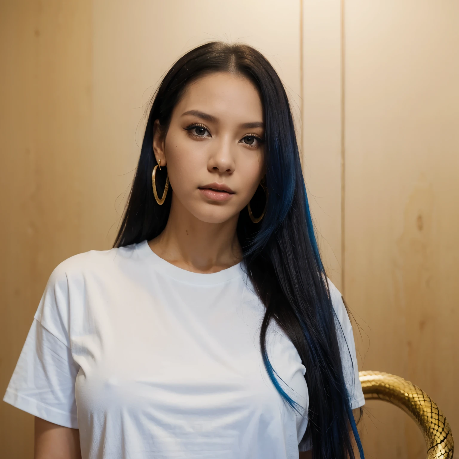 Boa Hancock wears gold snake earrings, a white T-shirt, her hair is long and black, and her eyes are blue