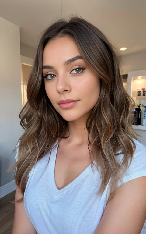 Belle brune portant un pull beige clair (soin des ongles dans un salon de beauté moderne), Very detailed, 21 ans, visage innocent, natural wavy hair, yeux bleus, High resolution, chef-d'artwork, best quality, intricate details, Very detailed, mise au point nette, detailed skin, texture de peau réaliste, texture, Detailed eyes, professionnel, 4k, sourire charmant, filmed on Canon, 85 millimeters, faible profondeur de champ, Couleur Kodak Vision, corps parfaitement ajusté, extremely detailed, photographier_\(ultra\), photorealistic, Realistic, Post-traitement, maximum details, roughness, vrai vie, ultra realistic, photorealism, photographie, 8k euh, photographie