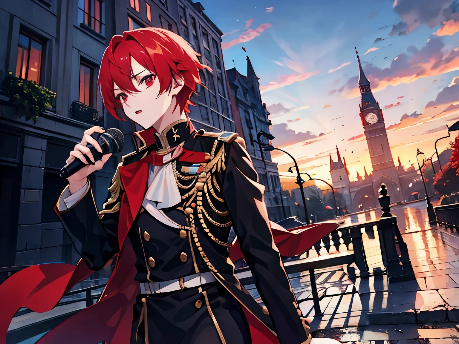 male Red eyes Red Hair uniform Streetscape speech microphone evening Light Castle