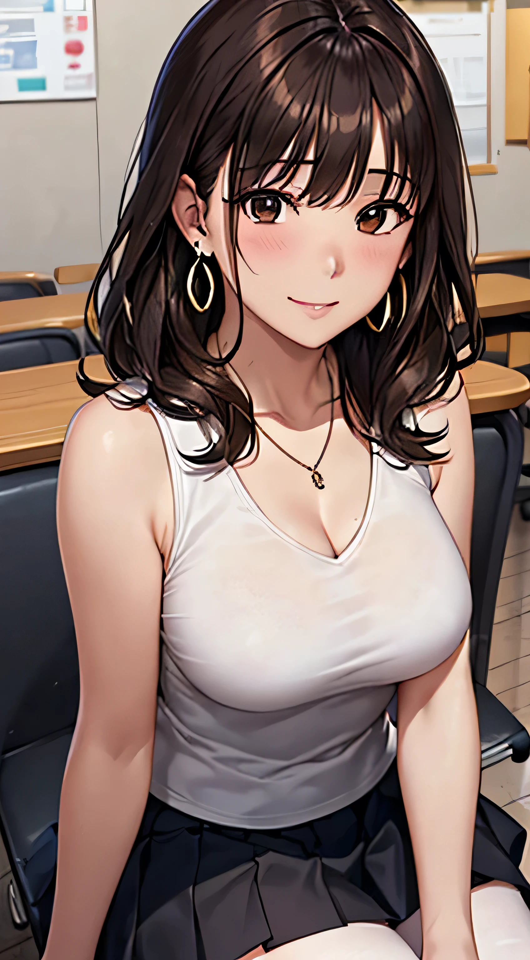 (Tabletop, highest quality, High resolution, , Perfect Pixel, 4K,), 1 girl, single, alone, Beautiful woman、I could see the whole body、 ((Wavy mid-length hair, bangs, Brown Hair)), ((Brown eyes, Beautiful eyelashes, Realistic eyes)), ((Detailed face, blush:1.2)), ((Smooth texture:0.75, Realistic texture:0.65, Realistic:1.1, Anime CG Style)), Medium Chest, Dynamic Angle, Perfect body, female teacher、((, White sleeveless top、Long pleated skirt、Black Stockings、Cute Necklace、Earrings、)), look up、A shy smile、Accentuate your breasts、Put your hands behind your back and stick out your chest、)、Angle from below、classroom、Sitting on the floor、、