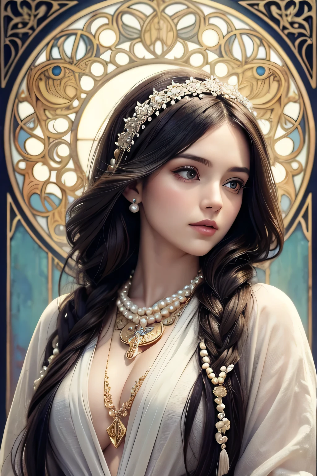 a brunette wears a white scarf in her hair decorated with jewels and a metal disc decorated with pearl fringes. (masterpiece,art nouveau, top quality, best quality, official art, beautiful and aesthetic: 1.2), portrait, extremely detailed, most detailed, simple background, 16k, high resolution, dynamic composition perf (sharp focus: 1 ,2),High color contrast, medium photo ,depth of field.