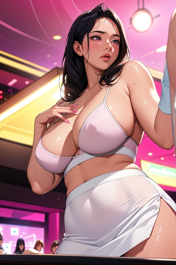 masterpiece,ultra detailed,(nipple-baring, micro skirt,sexy micro white lingerie),look at viewer,thick arms,black hair,27 years old,(tareme),(2females:1.3),curvy adult females,oval face,sweaty,(at nightclub table,danceclub,dark pink light:1.3),(,2females  on table and on left and right:1.3),breast grab, from below,gigantic breasts,upper body,