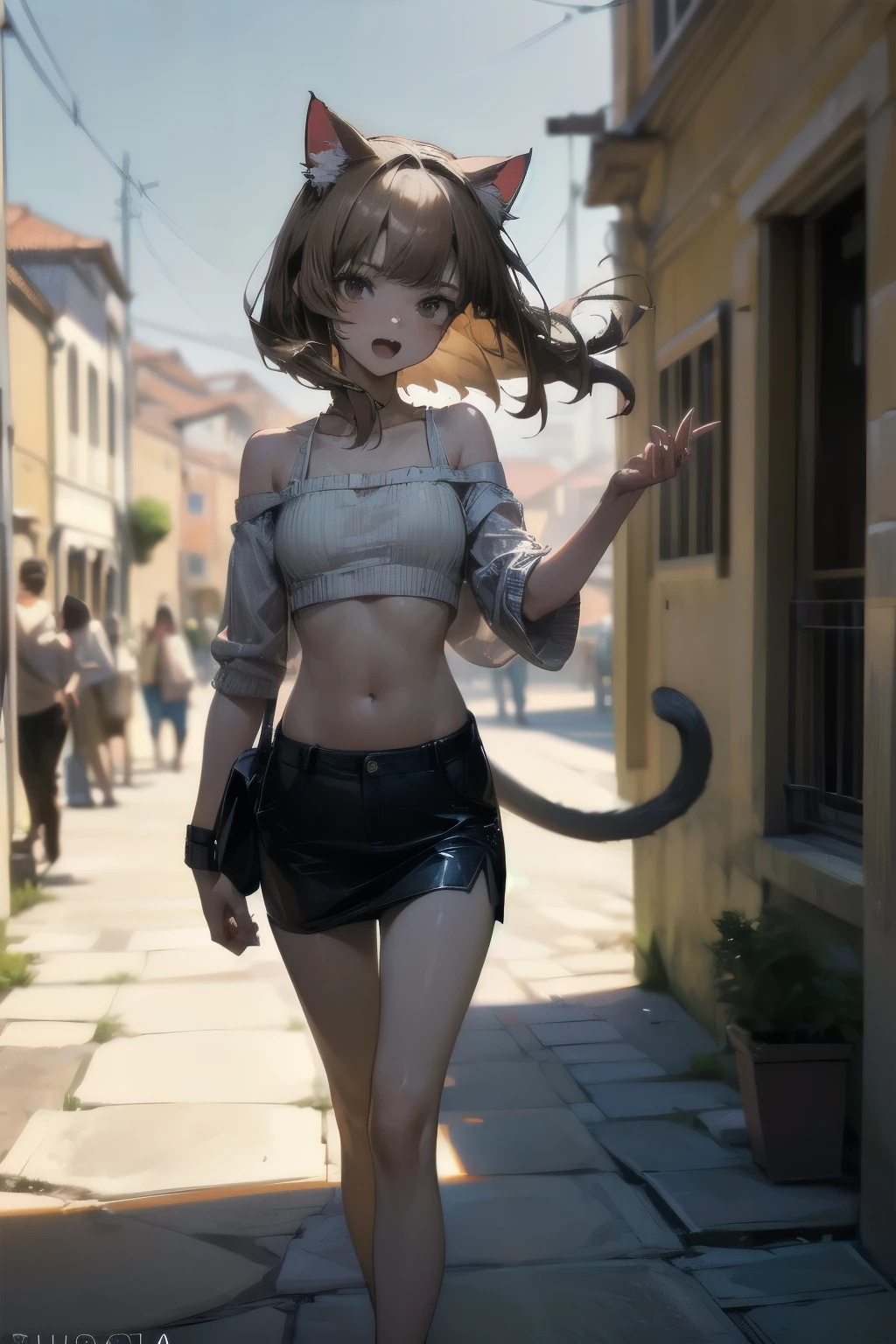 ((Masterpiece)), ((best quality)), (very aesthetic:1.2), (absurdres:1.3), (super detail:1.2), ((High Definition:1.3), (Professional Photography:1.4), (()), 8K, Glossy skin, cinematic lighting, 1girl, wide-shot, (Knit fabric crop top), (Cute innocent teenage girldar body, small breast, glossy medium hair, (loose blunt bangs), ((bags under the eyes)), open mouth wide, fang out, (smug), beautiful collarbones, (slightly exposed shoulders), (put on cat ears), pale brown hair, Hair that flutters in the wind, BREAK, ((best quality)), (Walking on Dubrovnik townscape in Croatia), summerday, (very aesthetic:1.2), (absurdres:1.3),