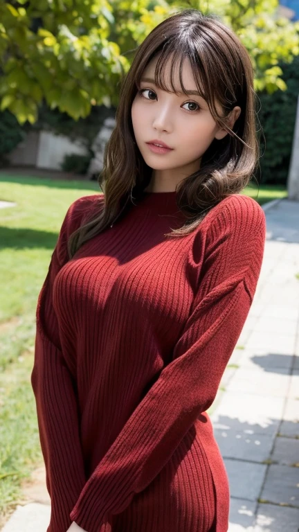 One girl,red wool sweater,Sexy pose,highest quality,masterpiece,figure,Very delicate and beautiful,CG,Unity,8k wallpaper,wonderful,In detail,masterpiece,Official Art,Very detailed CG Unity 8k wallpaper,Incredibly absurd,Large file size,Very detailedな,High resolution,Very detailed,Beautiful detailed girl,Realistic,from the front,Outdoor,