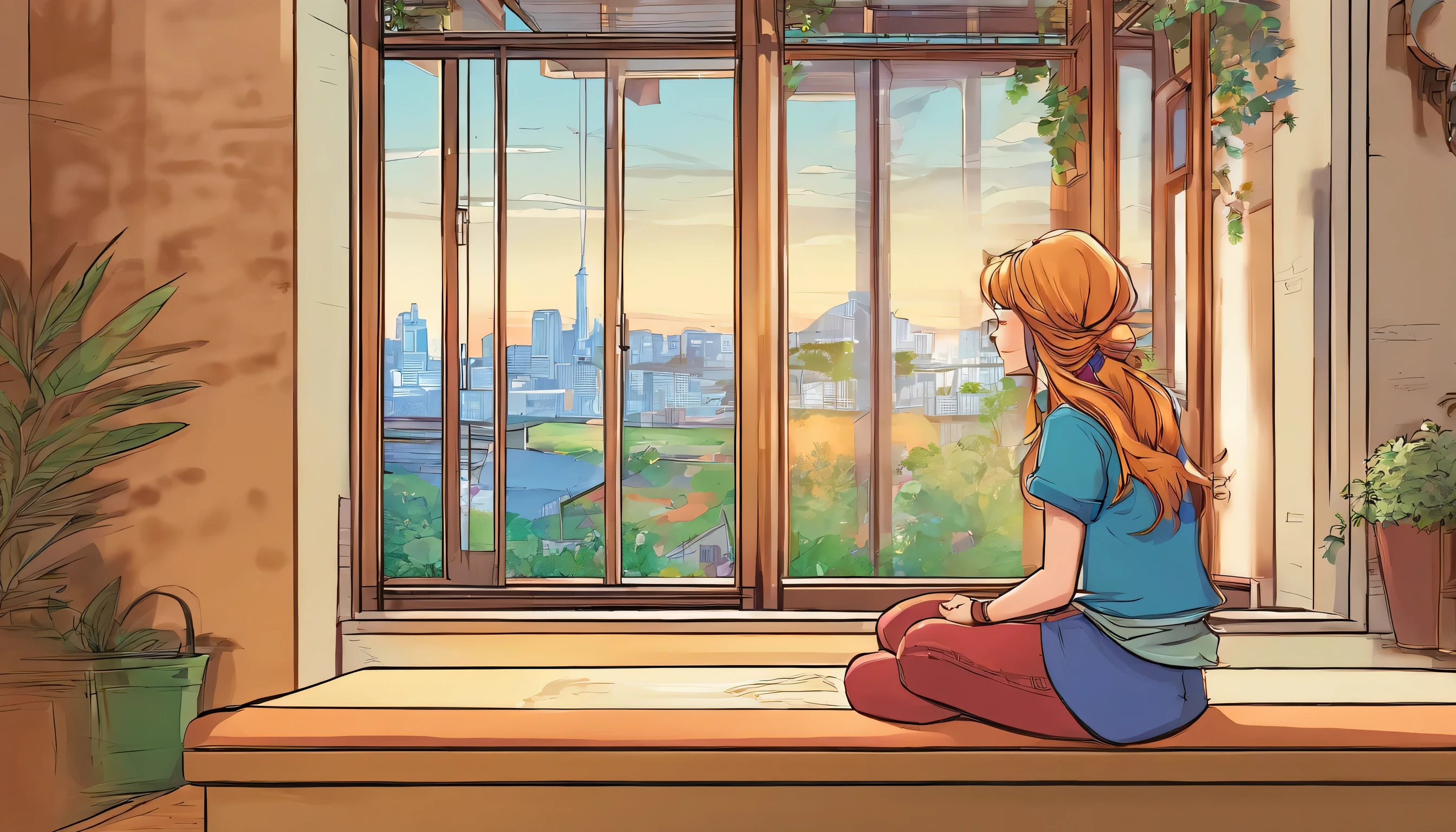 une fille assise à la fenêtre, regardant par la fenêtre, rear view illustration, style d&#39;anime classique