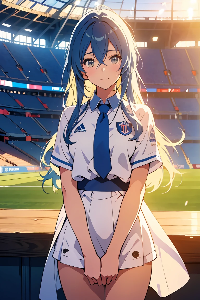 In a dreamy, anime-style illustration, Esdeath from Akame Ga Kill  stands alone in a soccer stadium, bathed in a warm, golden light. She wears a Paris Saint-Germain jersey, number 7, with a soft, gentle smile, set against a blurred, gradient background, evoking a sense of quiet contemplation and solitude. 