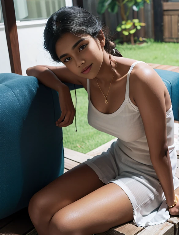 ((Sri lanka 18 years old girl)), wearing white clothes ,(medium  breasts size ), full body , wearing white socks ,photorealistic, detail, skin texture, super detail, delicate and sexy collarbone, smile, super detailed face, detailed lips, detailed eyes, double eyelids, two side braided hair style nude , naked pose, topless,  nude, nipples erect ,transparent top nipple seathrough