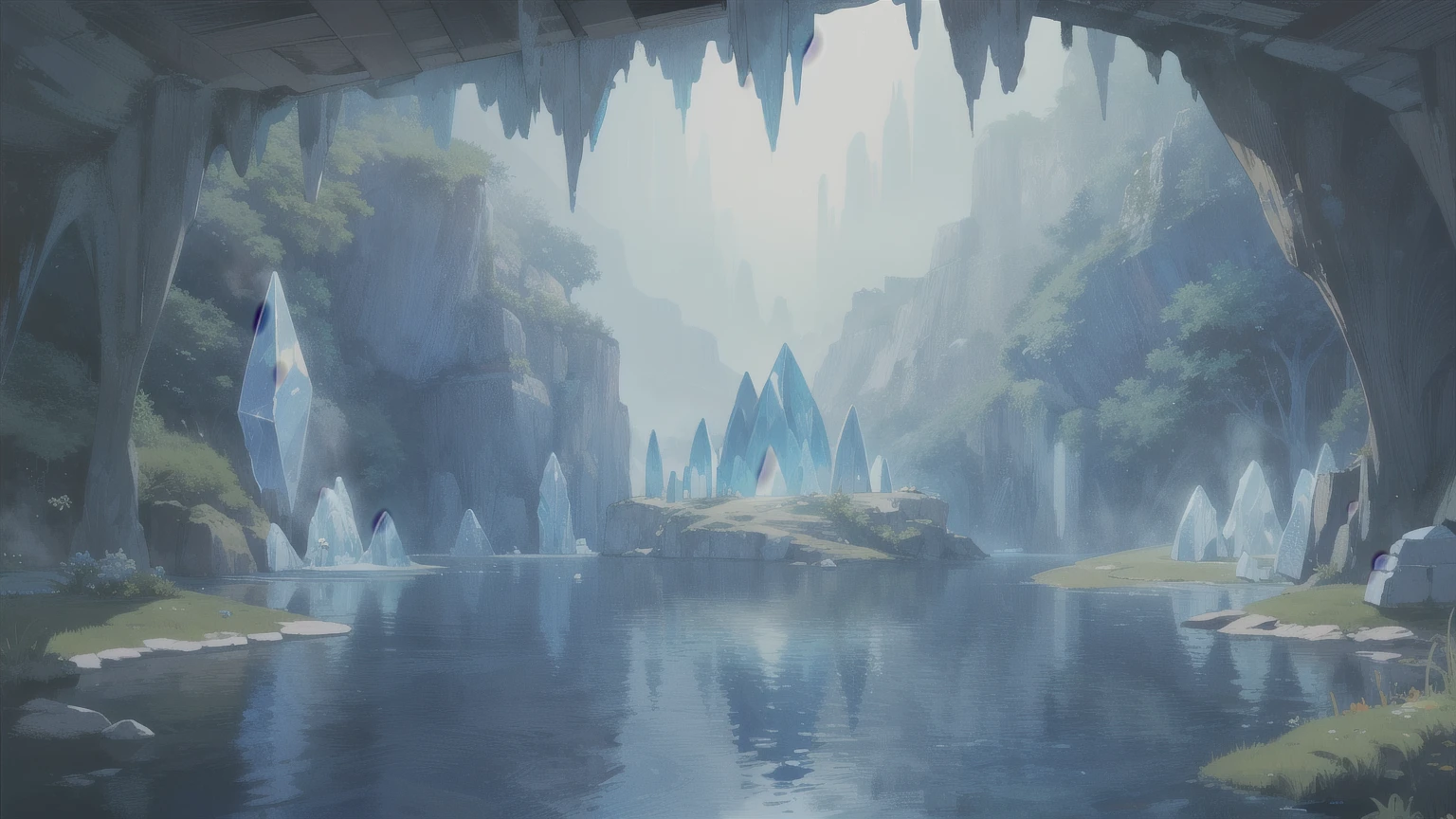 background,Bottom of the Crystal Cave,underground,Ground,Blue Lake,There is a strange door in the middle of the lake,Fantasy