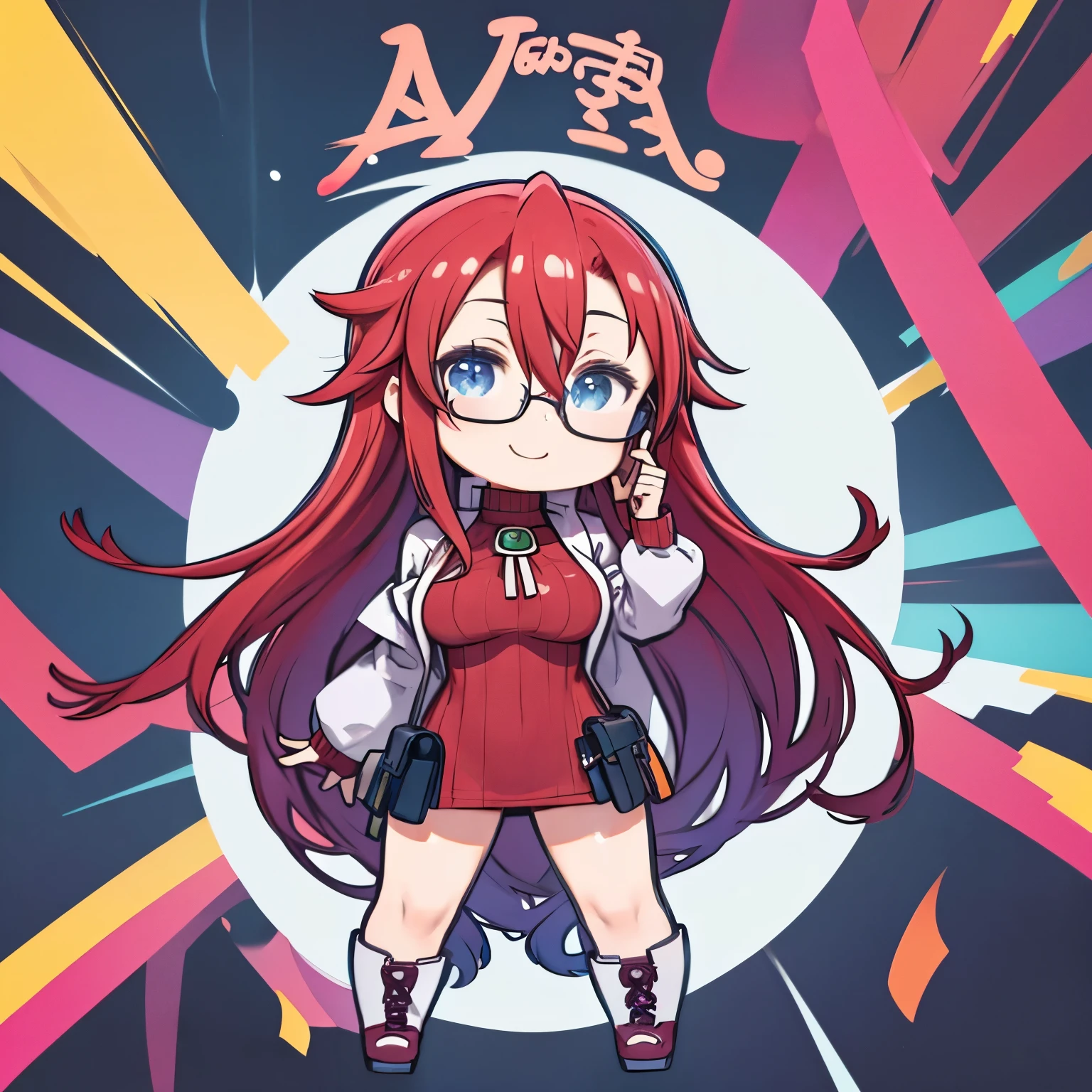 masterpiece、highest quality、High resolution、Very detailed、((Flat Color))、((Colorful art))、whole body、Chibi Character、Girl、cute、Nendoroid、Smiling、(aty, long hair, blue eyes, red hair, Hair between the eyes、Big Breasts)、Glasses、Red sweater、Turtleneck sweater、
