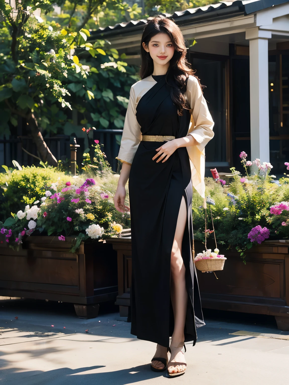 1 girl, burmese girl, standing on in front of the house, k, FHD, natural light, Raw, Natural skin, lite smile, fullbody view, portrait pose, perfect body and berasts, flowers background, masterpeace, realistic, detailed, portrait photography, long black hair