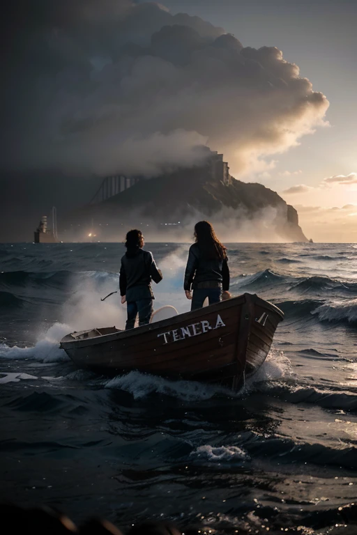 2 pescadores, cabello sucio, 1 barco de madera, cielo negro, niebla, cold, ambiente tenso, misterio, mar adentro, pelea, sangre, muerte, cuchillos, oscuridad