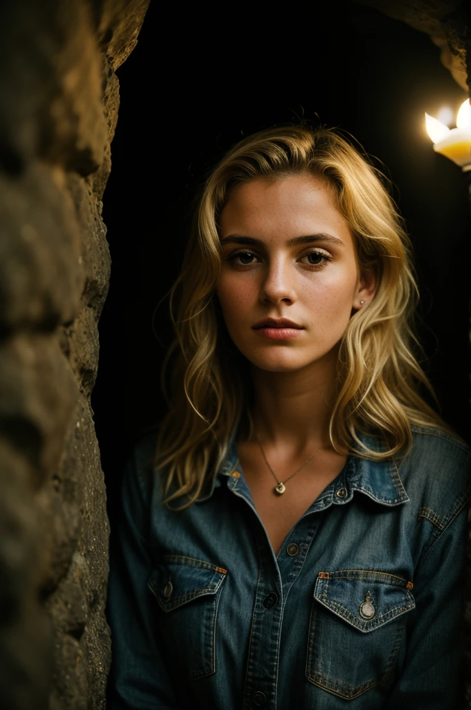 photograph of a woman, (troubled facial expression), textured skin, goosebumps, blonde afro hair, plaid flannel shirt with distressed boyfriend jeans, cowboy shot, dark and mysterious cave with unique rock formations and hidden wonders, perfect eyes, (candlelight,chiaroscuro), Porta 160 color, shot on ARRI ALEXA 65, bokeh, sharp focus on subject, shot by Don McCullin small  fine