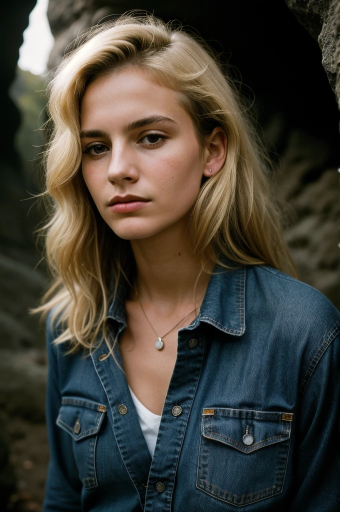 photograph of a woman, (troubled facial expression), textured skin, goosebumps, blonde afro hair, plaid flannel shirt with distressed boyfriend jeans, cowboy shot, dark and mysterious cave with unique rock formations and hidden wonders, perfect eyes, (candlelight,chiaroscuro), Porta 160 color, shot on ARRI ALEXA 65, bokeh, sharp focus on subject, shot by Don McCullin small  fine