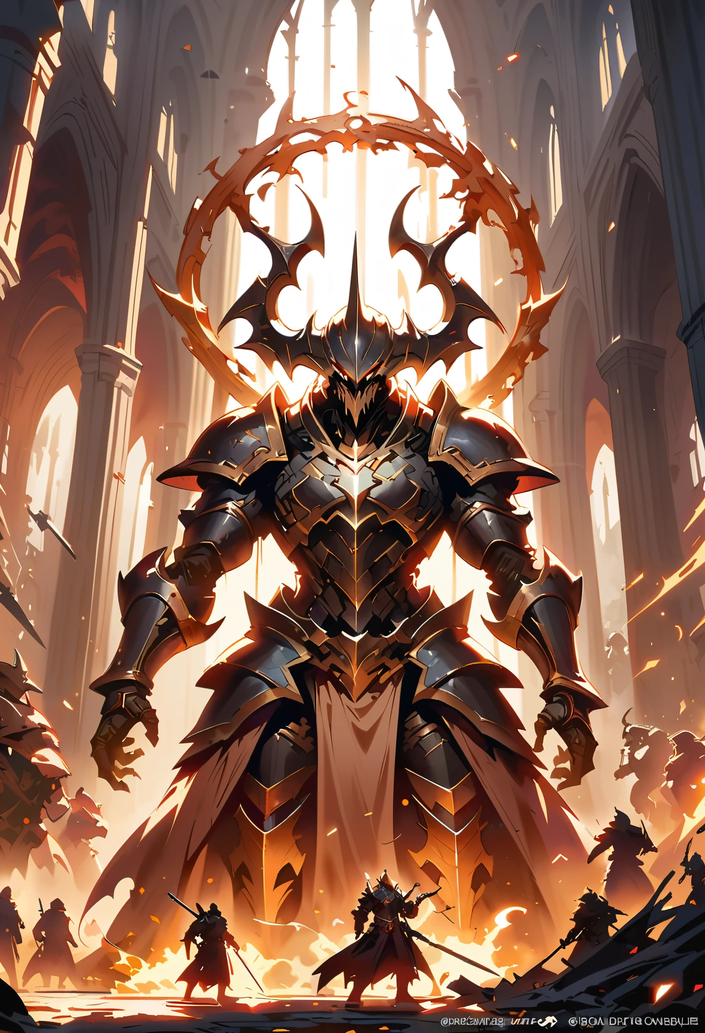 A huge monster made of bones and metal, surrounded in the style of undead creatures in an ancient cathedral, a dynamic action scene, in a dark fantasy style, a video game concept art, unreal engine