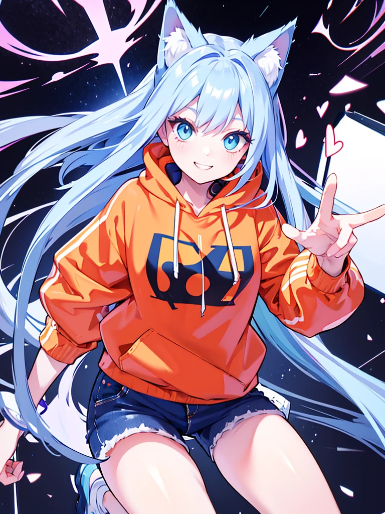 Light blue long hair cat ears:1.5 Headphones Orange Hoodie:1.5. Jean shorts:1.2. A lively girl with a blue right eye:1.2. Red left eye:1.2. Round eyes, smiling face, one girl:1.5
