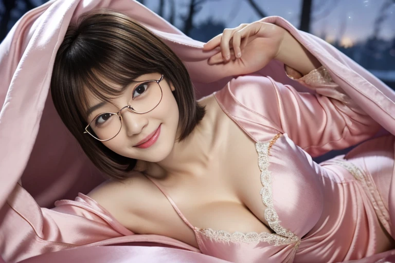 masterpiece, best quality, ultra quality, high quality, realistic, photo realistic, warm lighting,natural lighting,cinematic lighting,RAW photo, hyper detailed, intricate detailed, perfect anatomy, Fujifilm XT3,1girl,Japanese,(slender body:1.5), (cleavage),(camel toe:1.2), (Brown very short Bobcut with swept bangs:1.4),(smile:1.2),(blushing:1.3),teary eyes, (naval), BREAK (wearing pink silk pajamas:1.3), BREAK ((night:1.5)),(looking at viewer:1.3),(Glasses), BREAK (pose invited),(under covers),(white covers),