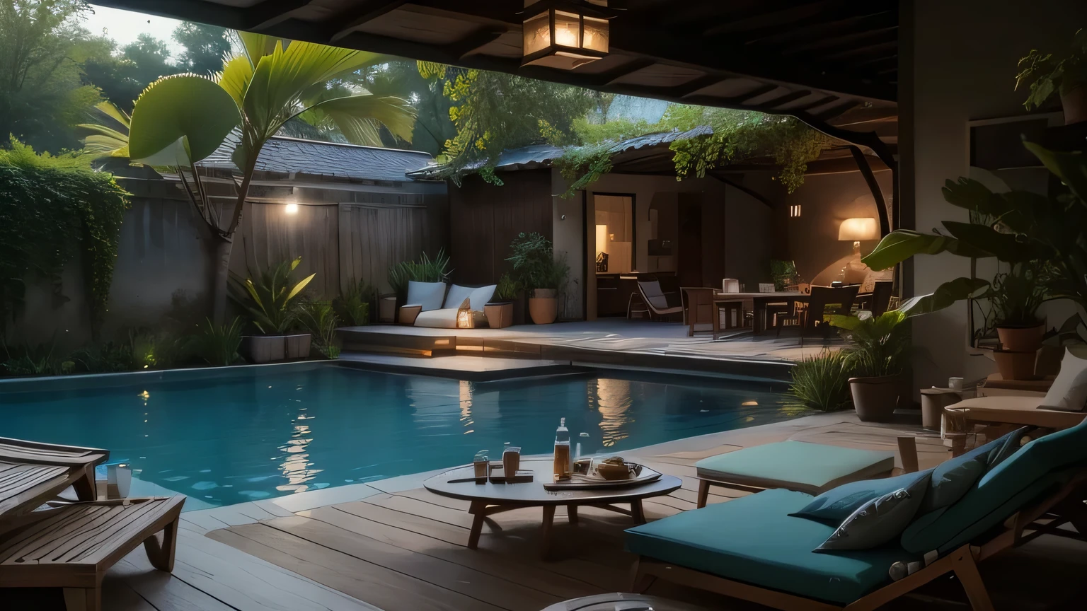 il y a un patio avec une piscine et une table de patio, avec un étang et une cour, next to a piscine tropicale, paysage apaisant et cosy, ambiance chaleureuse et paisible, Beautiful and aesthetic, environnement relaxant, Environnement magique, Endroit confortable, ambiance calme et sereine, merveilleux chef-d'artwork, ambiance paisible, dense de verdure, piscine tropicale, Oasis luxuriante, Endroit magnifique