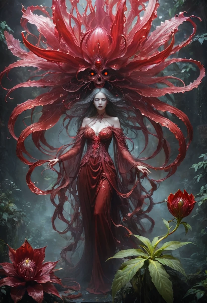 Magic plantloody ghost flower from the abyss, Ghost Flower,Blood-red tentacles stare at the dead,Enchantment,uncanny,terror