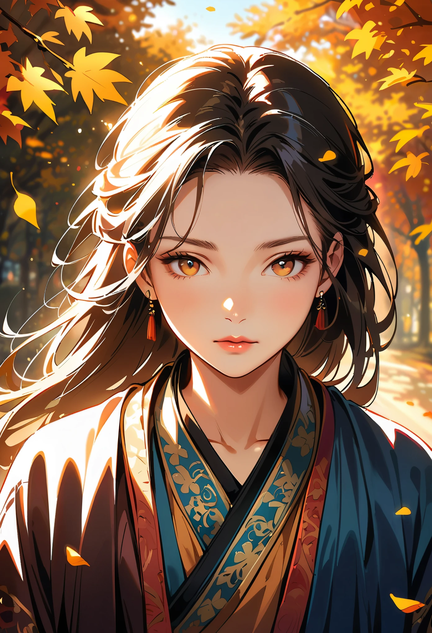 Chinese beauty, closeup of her face, beautiful eyes and lips, Hanfu, autumn scene, golden leaves, sunlight shining through the branches on her hair, in the style of cinematic photography, natural light, high definition.