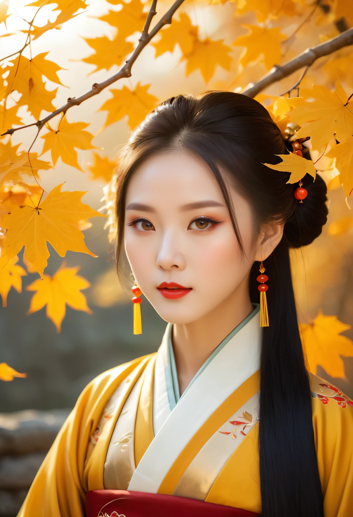 Chinese beauty, closeup of her face, beautiful eyes and lips, Hanfu, autumn scene, golden leaves, sunlight shining through the branches on her hair, in the style of cinematic photography, natural light, high definition.
