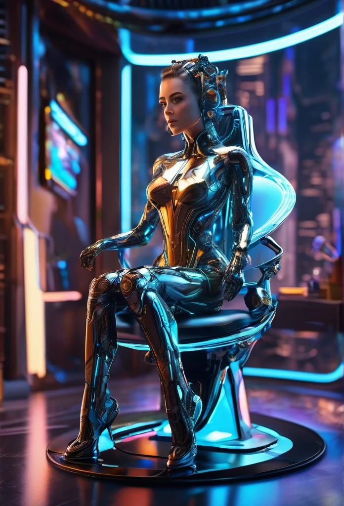 (high quality, ultra-detailed, photorealistic)(office interior, skyscraper:1.2,big city) A female cyborg sitting leisurely in a luxurious chair, with her feet up, interacting with the futuristic environment around her. She exudes elegance and sophistication. The chair features exquisite design and intricate parts showcasing fine craftsmanship. The cyborg's body is half-human and half-machine, with meticulously detailed trimmings accentuating her slender form. The office is magnificently designed with sleek and modern architecture. The scene is bathed in HDR lighting with vibrant and vivid colors, creating a breathtaking visual appeal. The cyborg's body is rendered with hyper-realistic detail, including natural skin textures and soft lighting to enhance the atmosphere. This artwork captures the fusion of technology, beauty, and complexity, resulting in a masterpiece that immerses the viewer in a futuristic yet familiar world.