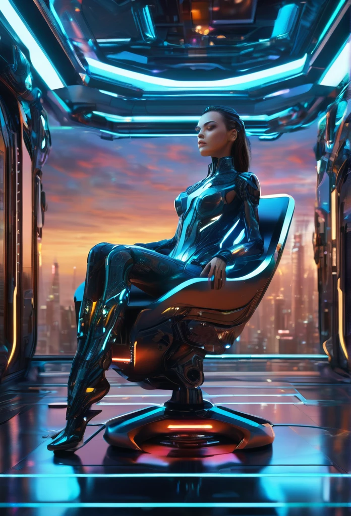 (high quality, ultra-detailed, photorealistic)(office interior, skyscraper:1.2,big city) A female cyborg sitting leisurely in a luxurious chair, with her feet up, interacting with the futuristic environment around her. She exudes elegance and sophistication. The chair features exquisite design and intricate parts showcasing fine craftsmanship. The cyborg's body is half-human and half-machine, with meticulously detailed trimmings accentuating her slender form. The office is magnificently designed with sleek and modern architecture. The scene is bathed in HDR lighting with vibrant and vivid colors, creating a breathtaking visual appeal. The cyborg's body is rendered with hyper-realistic detail, including natural skin textures and soft lighting to enhance the atmosphere. This artwork captures the fusion of technology, beauty, and complexity, resulting in a masterpiece that immerses the viewer in a futuristic yet familiar world.