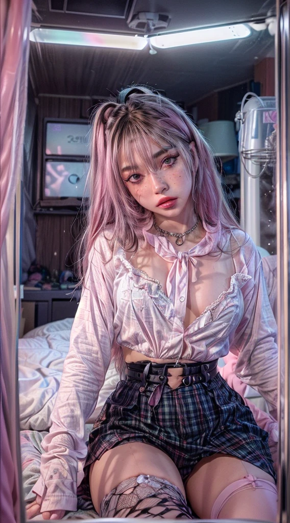 raw photo, photo realistic, ultra hight res, real life photo, perfect anatomy, (1girl, solo focus:1.8), gamer girl, e-girl, sexy clothes, horny, slutty makeup, young , cute face,, on her knees、selfie in mirror, unbutton blouse, bra, mini skirt, teengirl bedroom, looking at viewer, small breast,,, analogue photography of ahegao, sexy girl, perfect face, pastel pink neon lights, flat lighting, (soft saturation:1.2),pale colour clothes, saliva droolin, , soft highlight g, pov, from below, Fujifilm, 8k, ((masterpiece)), best quality, from below, bokeh,
