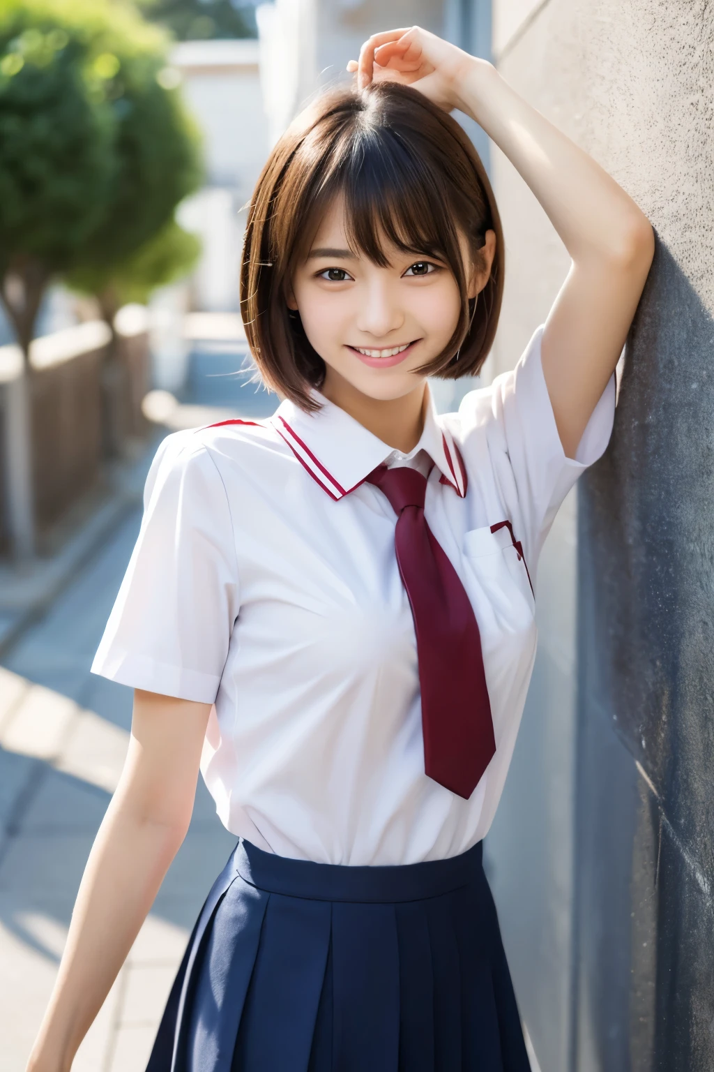 High resolution,RAW Photos,Realistic,Very delicate and beautiful,Very detailed,In detail,Very detailed CG unity 8k wallpaper,Very detailedな,(highest quality, 8k, 32k, masterpiece, 超High resolution:1.2), beautiful Japanese girl in JK Uniform,Very beautiful face,Long, narrow eyes,expensive,slim,Small breasts,JK Uniform,White short sleeve shirt,Thin red tie,Upper teeth,A kind smile,Walking through the school corridors,Young Sensual Gravure Idol,Young and skinny gravure idol,Young and cute gravure idol,Young Gravure Idol,realistic Young Gravure Idol,Japanese Model,A sophisticated gravure idol,short hair,bangs