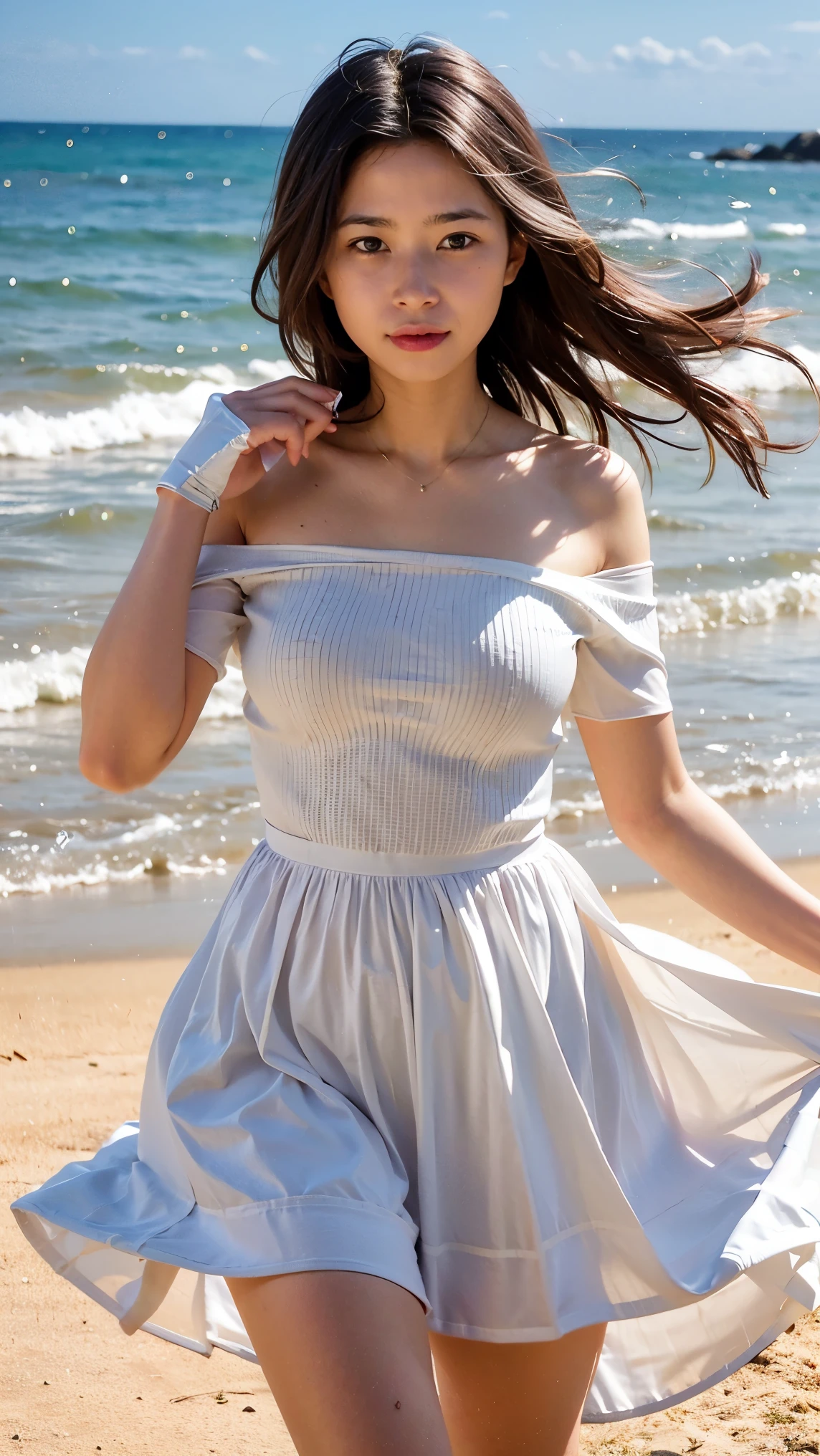 (masterpiece), (highest quality), (Very detailed),(Disheveled Hair),(shape), (One Girl), (Summer clothes), Are standing, Fashion Model, View your audience, (interview), (Beach),Beautiful details, Delicate and beautiful face, floating,(High saturation),(Colorful splashes),Colorful bubbles,(The Shining), Focus on the face, Hair Ring, Floating Flowers, Floating Hair, (The Shining), Best lighting, Best Shadow,