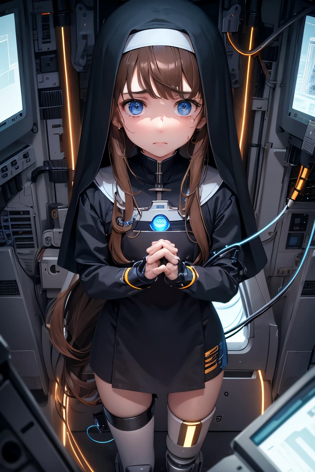small  girl, long brown hair, sad crying face, half mechanical face mechanical jaw, cyborg arm, cyborg leg, body connected to machines, power wires, blue light , nun's , bra , hands praying . Futuristic 