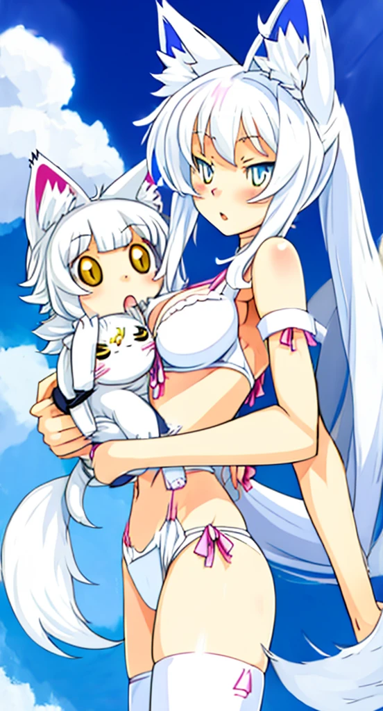 anime girl with cat ears and tail in a white bikini, neferpitou, holo is a wolf girl, anime catgirl, white cat girl, cute anime catgirl, seductive anime girl, beautiful anime catgirl, white - haired fox, holo if a wolf girl, wolf ears, attractive cat girl, nyaruko-san, anime moe artstyle