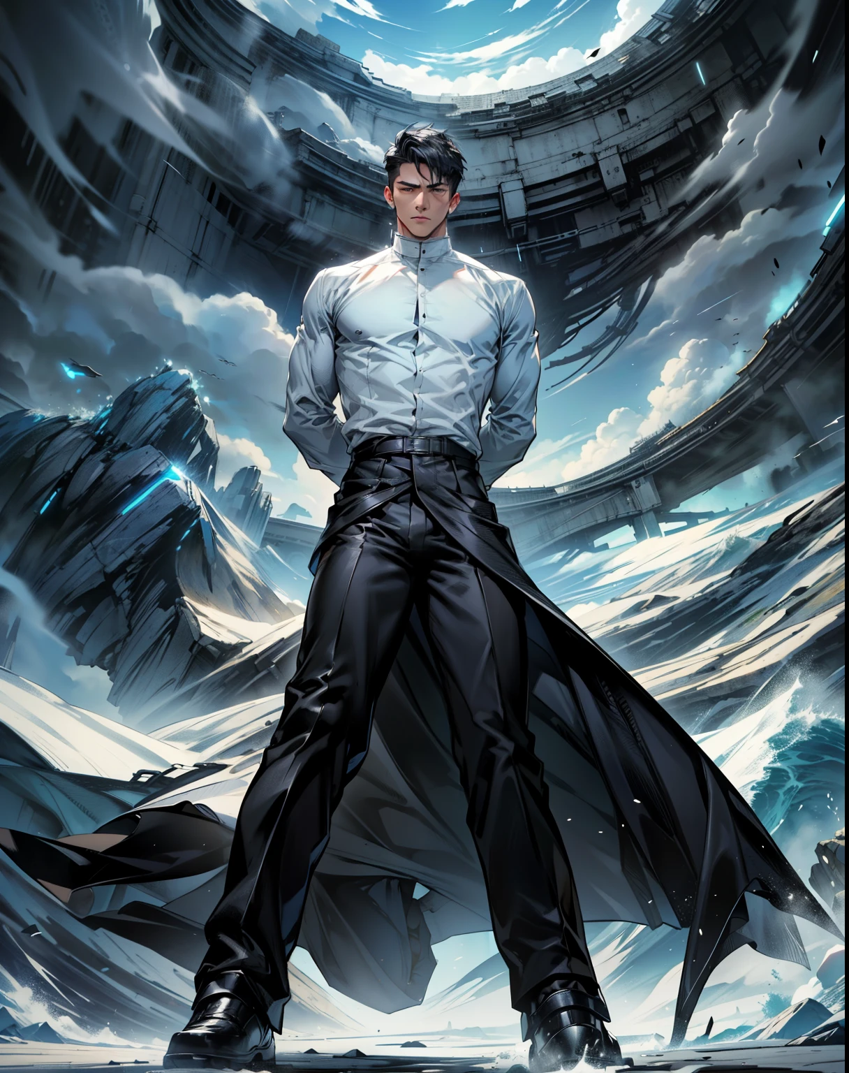 boys 26 Years old, Serious face, muscular, high cut short hair, wearing unbutton black long suits, white round neck shirts, black pants, high cut boots, ((hands behind back)), levitate on air, cloud, sky