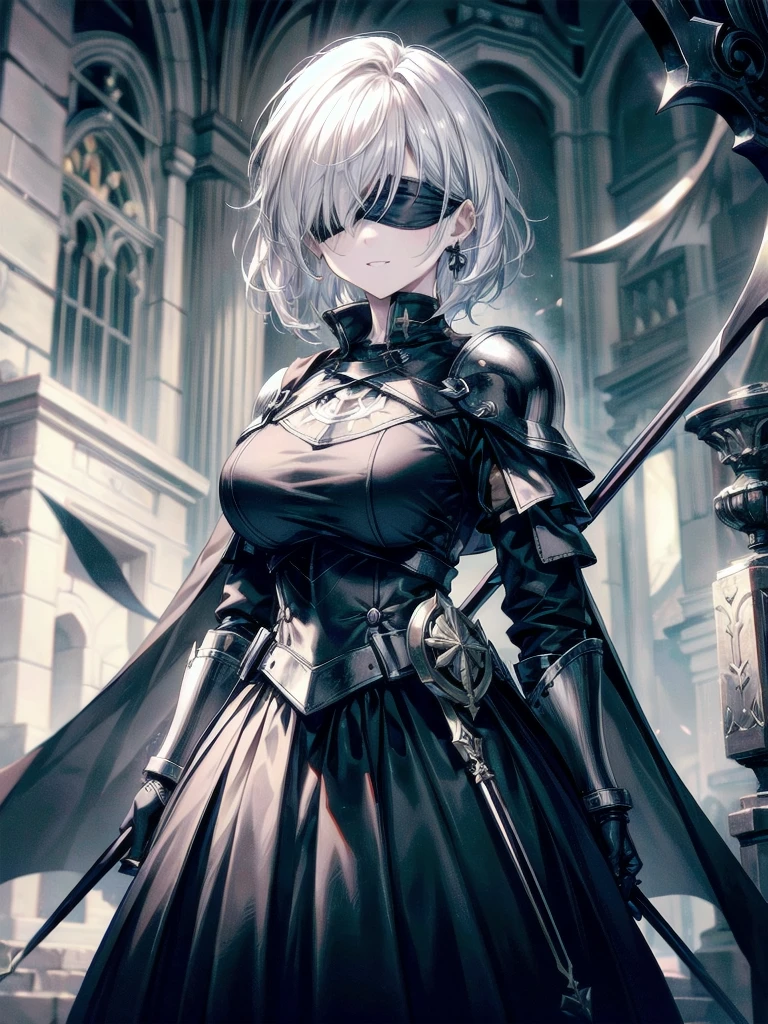 ((one-eyed blindfold)), holy paladin, scythe, dark Heavy armor, absurdres, RAW photo, extremely delicate and beautiful, masterpiece, Best Quality, ultra high resolution, 32k, hyperrealistic, ultra-detailed, detailed description, pale skin, 20 years old, tearful mole, earring, Colossal tits, short medium hair, wavy hair, evil grin, whole body shot,